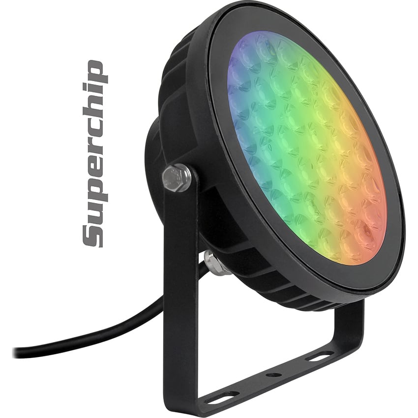 What is the brightness of a 25W syncable color-changing LED spot light?
